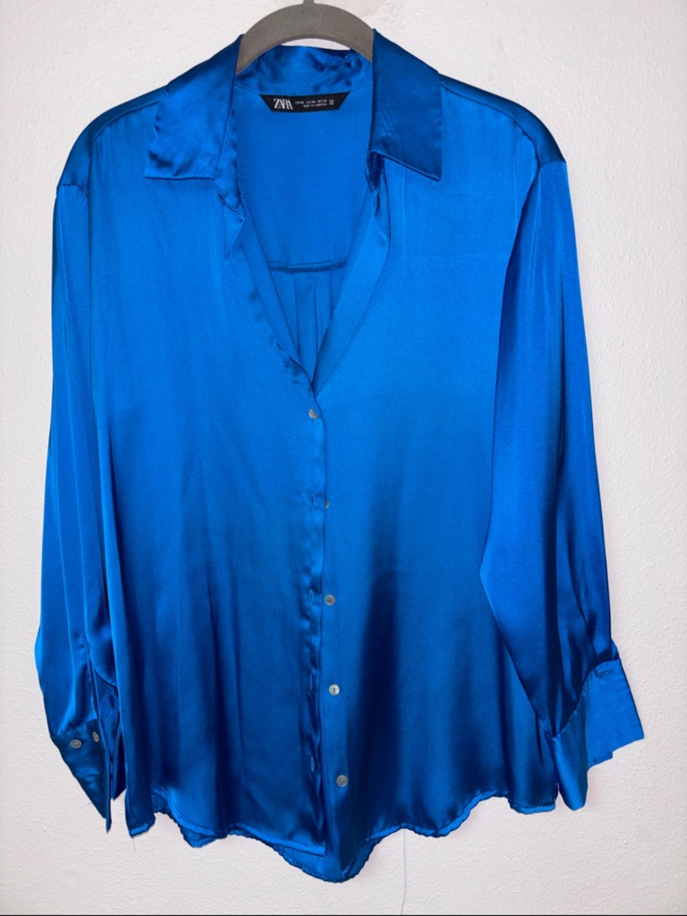 Zara Cobalt Blue Satin Button-Down Shirt XS